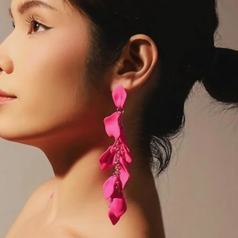 Floral Elegant long Pink Rose petals Earrings